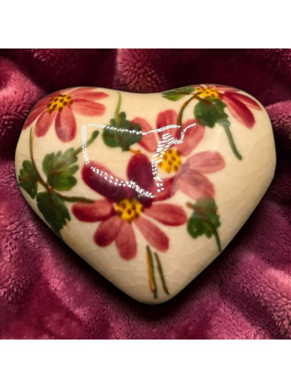 Vintage hand painted ceramic puffy heart pendant